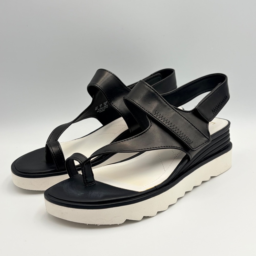 Franco Sarto Chasi Black White Platform Wedge Toe Loop Sandals Womens 8M